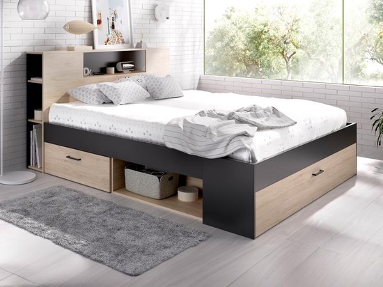 Bed met hoofdbord met opbergvakken en lades – 180 x 200 cm – Kleuren: houtlook en antraciet – LEANDRE L 228.5 cm x H 95 cm x D 189.5 cm