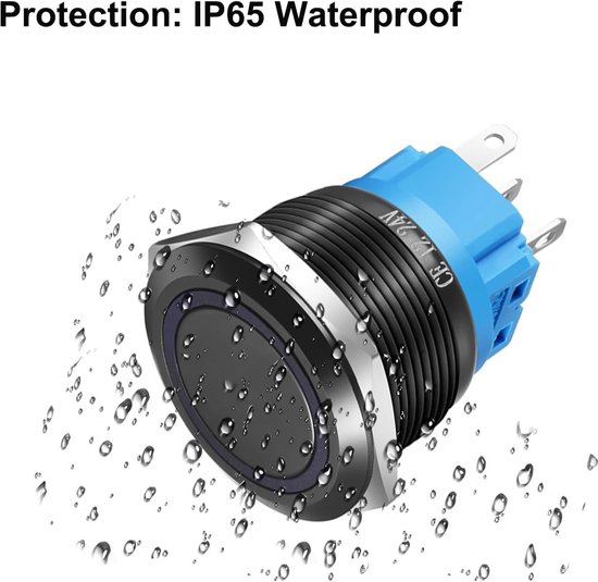 Gebildet 110V-220V 22mm roestvrijstalen kortstondige drukknop LED 1NO1NC SPDT AAN UIT waterdichte knop met draadstekker (blauw LED en zwarte schaal