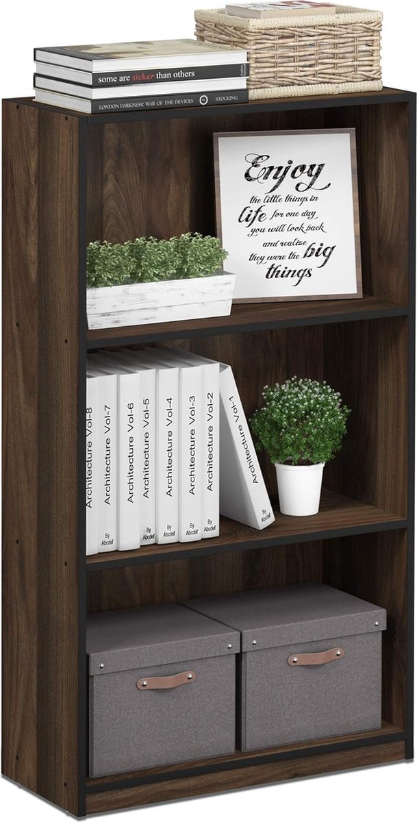 Basic boekenkast met 3 vakken, opbergrek, hout, Columbia Walnoot/zwart, 23,5 x 55,25 x 100,33 cm