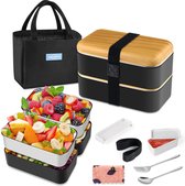 Bento Box, lunchbox, broodtrommel met vakken, 2 niveaus, met 2 stuks milieuvriendelijke PP en roestvrijstalen containers, met vork-lepelverdelers, draagtas, voor kinderen en volwassenen, zwart