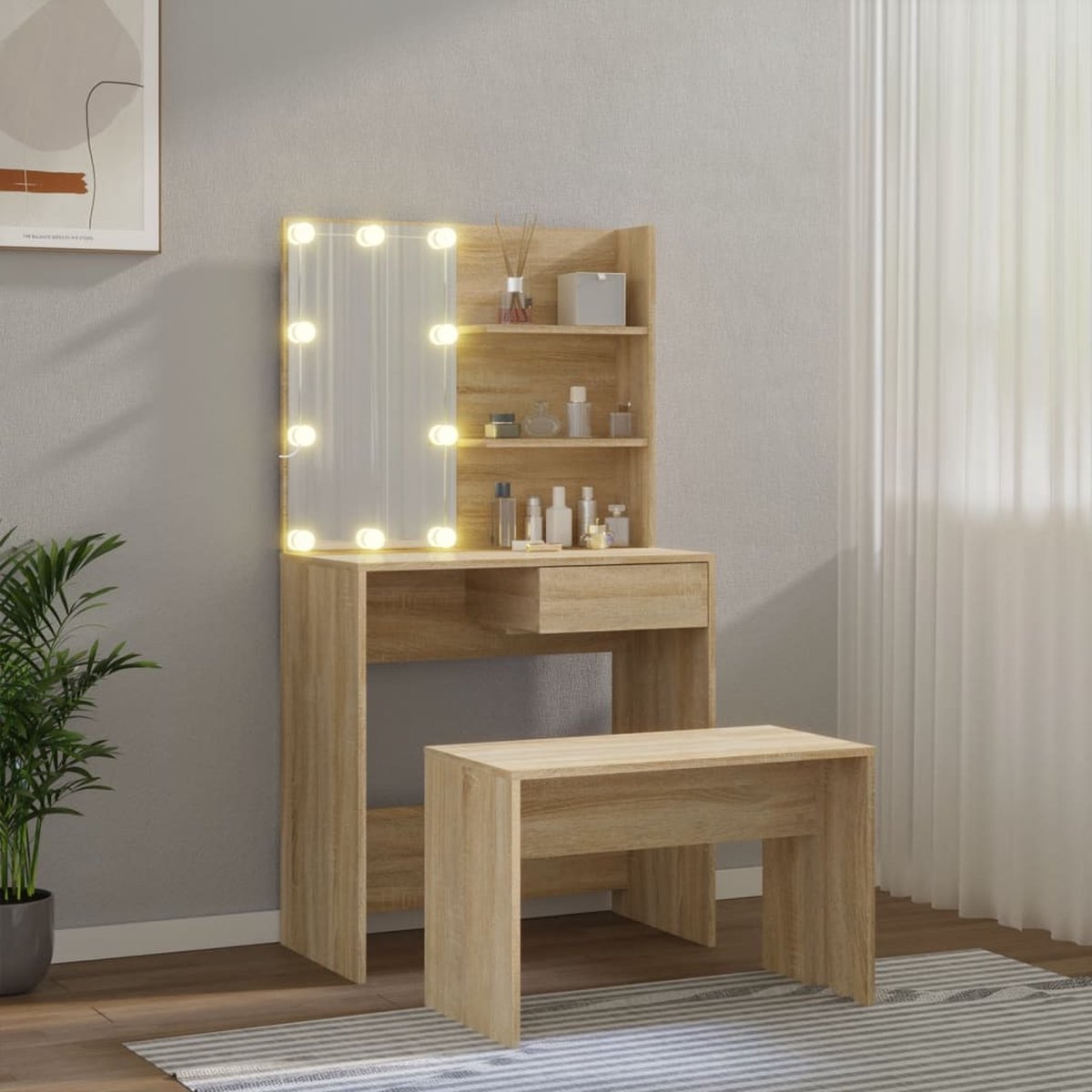 Kaptafel met spiegel en verlichting - Make up tafel - Make up - Toilettafel -Met lades - Bankje - 74,5 x 40 x 141 cm - Sonoma eiken