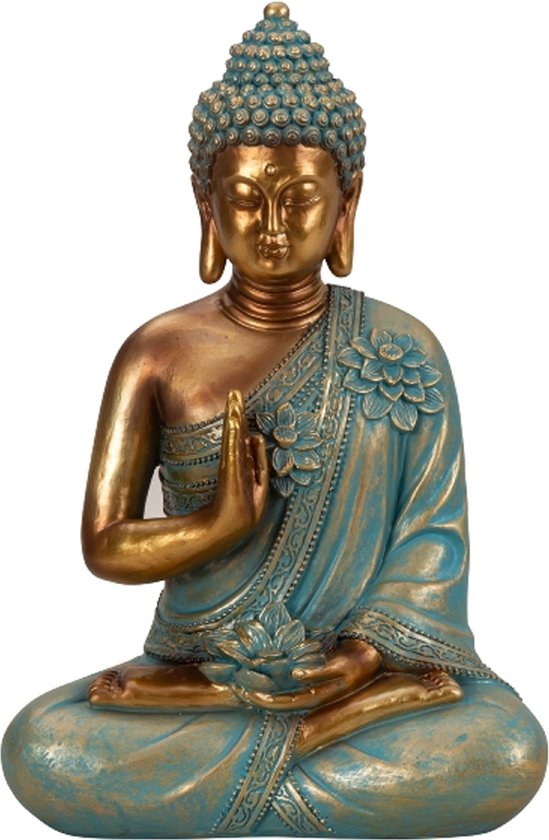 Statue Bouddha Shaman - intérieur/extérieur - pierre artificielle - or/jade - 21 x 31 cm