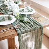 tafelloper van saliegroene kaasdoek, 90 x 400 cm, omvangrijke, lange, rustieke tafelloper van gaas, romantische semi-doorschijnende stof, tafelkleed voor boho-bruiloftsprieel, decor voor verjaardagsfeestje