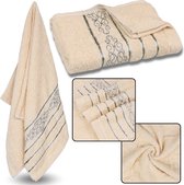 Lichtgele Katoenen Handdoek met Decoratief Borduurwerk, Grijs Borduurwerk 48x100 cm