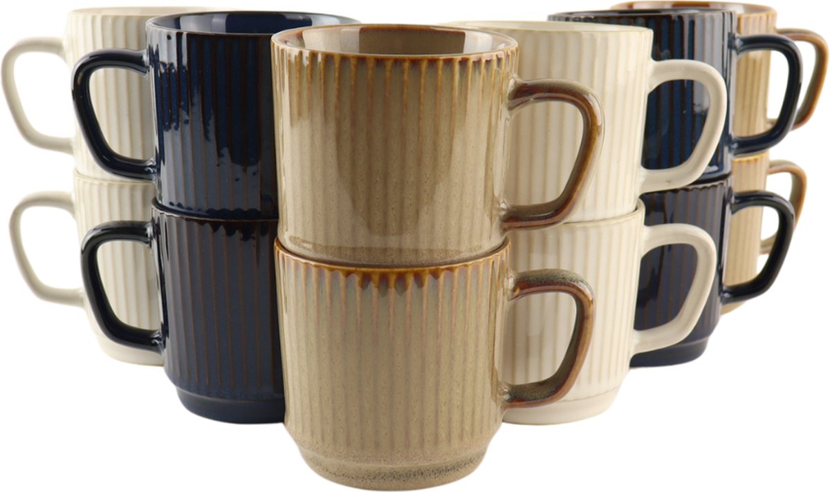 OTIX Koffiekopjes - met Oor - Set van 12 Stuks - 270 ml - Diverse Kleuren - Keramiek - TONE