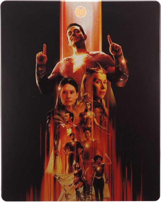 Metalen Blu-ray hoes van Shazam! Fury of the Gods met DC logo en een collage van film personages.