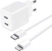 USB C Adapter - Snellader Geschikt voor iPhone en iPad - 2 Meter - Oplaadkabel - GaN Oplader - Dubbele USB C Poorten - 45W Vermogen - Incl. Lightning Kabel - Stekkerblok - Wit
