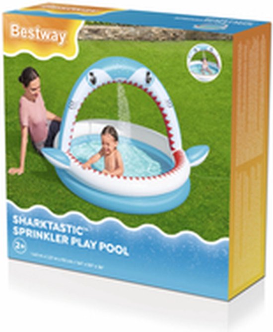 Baby-peuterbad, Shark Splash Pool met luifel, draagbaar opblaasbaar kinderzwembad met watersproeier, 45 inch binnen- en buitenwater speelcentrum voor 3 peuters kinderen