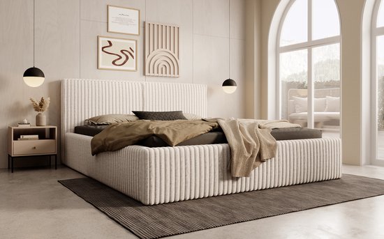 Meubella - Lit double Infinity - Beige - Tissu côtelé moelleux - 160x200 cm