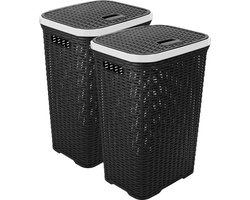 Hega Hogar Wasmand met deksel Rotan - 2x - antraciet - gevlochten kunststof - 60 liter - 34 x 43 x 62 cm