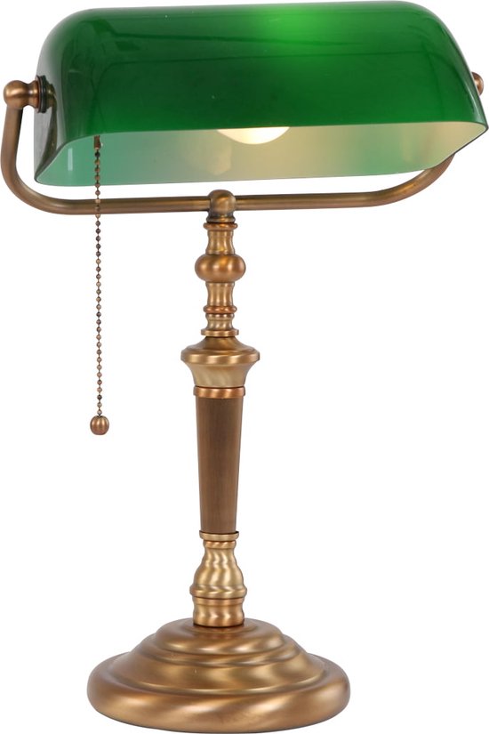Bankierslamp | brons / groen | glas / metaal | 1 lichts e27 | woonkamer / slaapkamer | retro notarislamp | bureaulamp | trekschakelaar