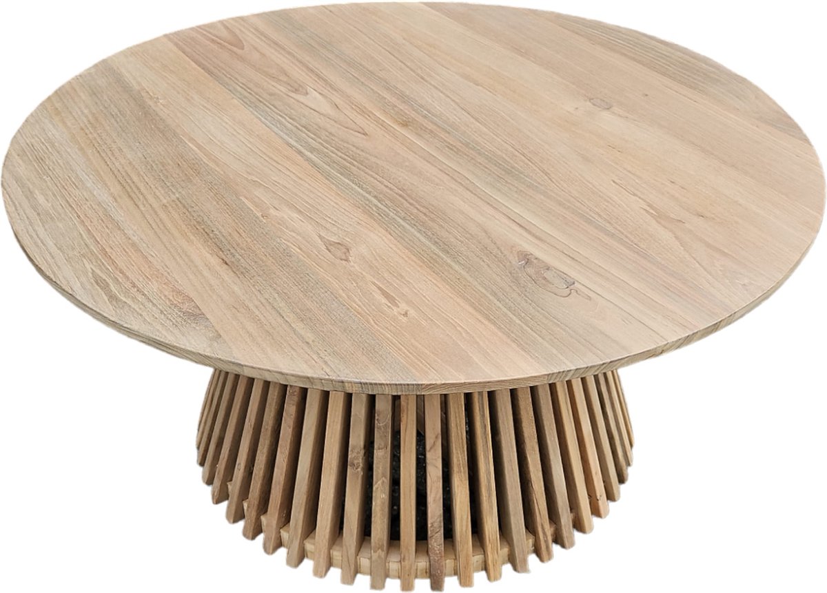 Teakhouten Salontafel Rond Ø80cm | Handgesneden Ribbenvoet | Naturel Handgemaakt Indonesië