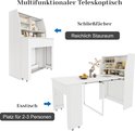 Illustratie toont de witte tafel in gesloten en uitgeschoven toestand, met teksten 'Multifunktionale Teleskoptisch', 'Reichlich Stauraum' en 'Esstisch'.