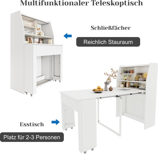 Illustratie toont de witte tafel in gesloten en uitgeschoven toestand, met teksten 'Multifunktionale Teleskoptisch', 'Reichlich Stauraum' en 'Esstisch'.