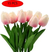 15 tulpen kunstbloemen - woonkamerdecoratie - groene kunstplanten - roze