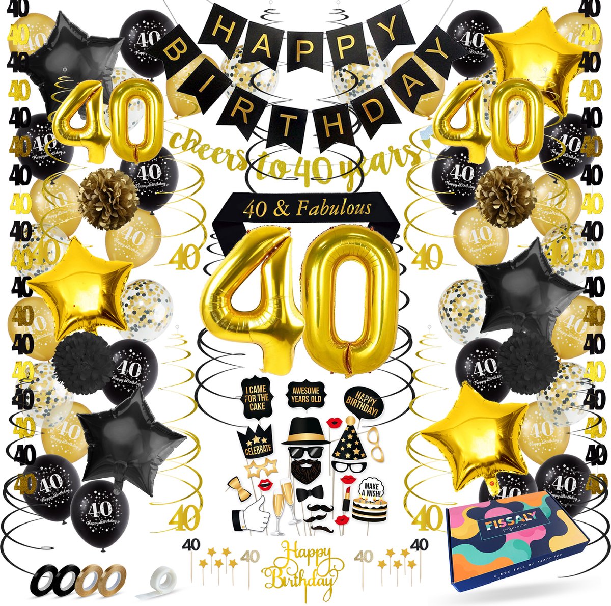 Fissaly 40 Jaar Verjaardag Decoratie Versiering - Ballonnen – Jubileum Man & Vrouw - Zwart en Goud — afbeelding 7