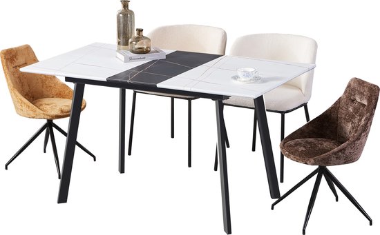 Table de salle à manger extensible de Luxe Merax - Table télescopique aspect marbre - Ajustable - Wit et Zwart
