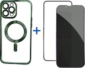 Optimity Hoesje voor iPhone 14 Pro Siliconen (Transparant) Magnetisch Groen + Privacy Anti-Spy Gehard Glas Schermbeschermer