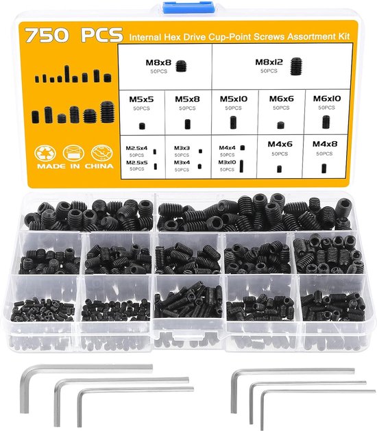 MGM Trading - Zwarte Set van 750 Stuks Inbusschroeven, M2.5 M3 M4 M5 M6 M8 Assortiment van Inbusbouten, Draadstiftschroeven met Inbussleutels, Wormschroeven, Zeskantbouten