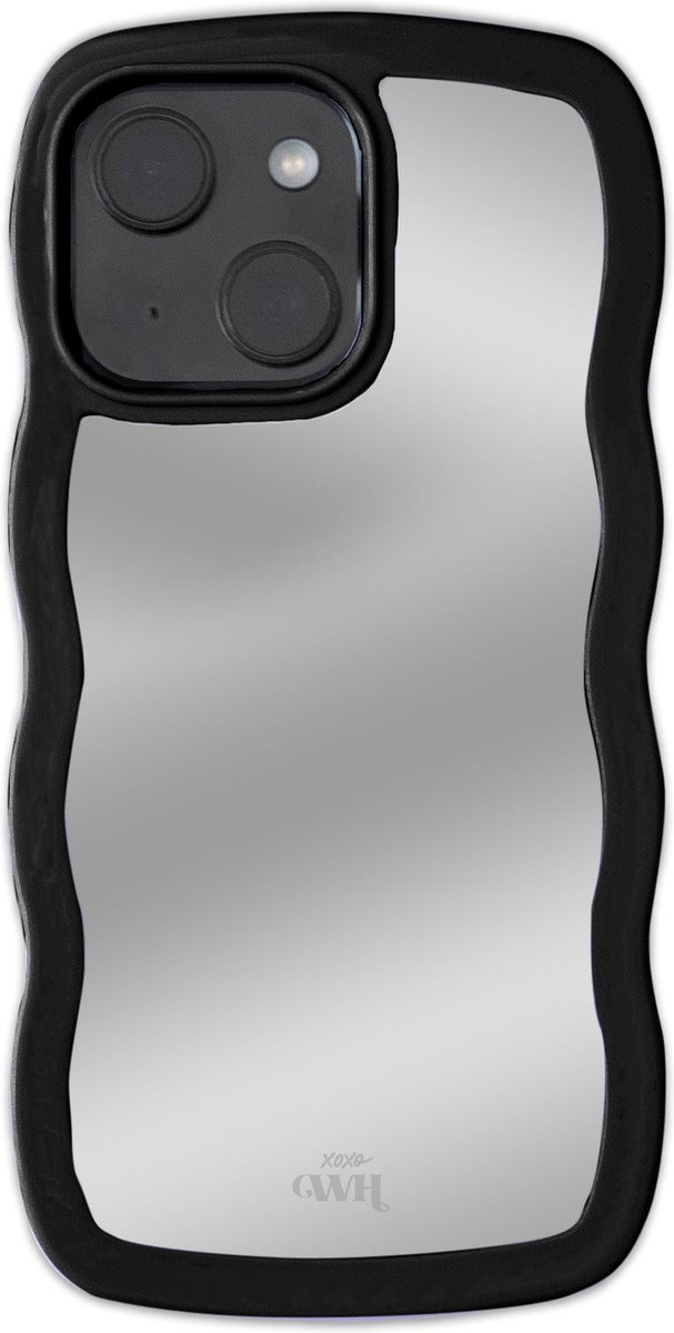 xoxo Wildhearts Wavy mirror case Black telefoonhoesje - Geschikt voor iPhone 14 - Golvend spiegelhoesje - Wolken hoesje - Schokbestendig - Cloud case - Silicone case met spiegel - Zwart