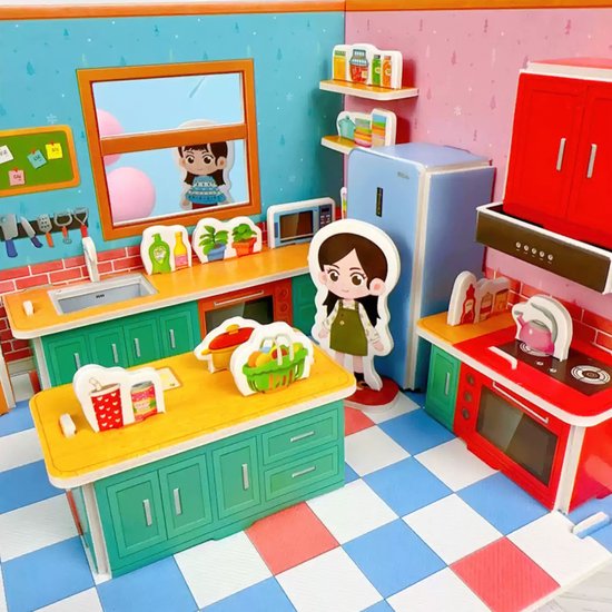 Ainy - 3D puzzel poppenhuis keuken met meubels: Miniatuur bouwpakket / speelgoed huisjes knutselpakket / educatief knutselen meisjes - hobby puzzels en creatief modelbouw voor kinderen & volwassenen | 45 stukjes