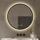 Badkamerspiegel met Digitale Klok Rond 80 cm Met Verlichting en Verwarming - Mat Zwart Metalen Rand