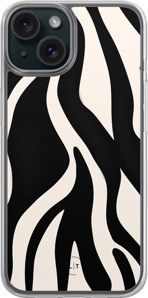 Hoesje geschikt voor iPhone 15 - Zebra - 2in1 backcover - Print / Illustratie - Zwart - Leuke Telefoonhoesjes