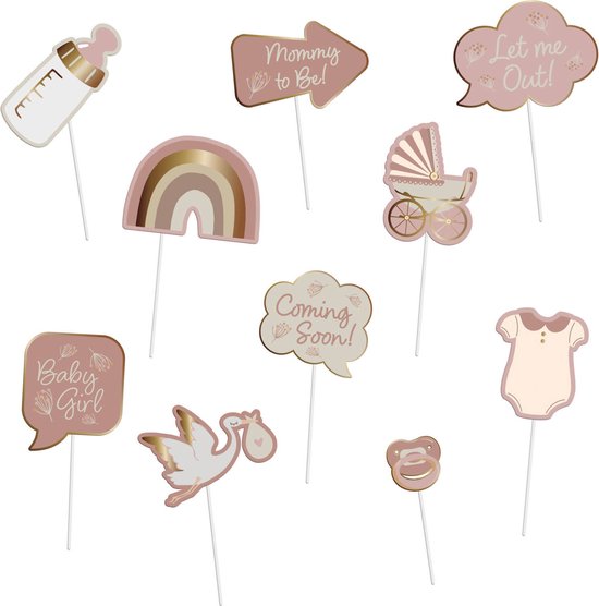 Een set van tien babythemarekwisieten met tekst zoals 'Mommy to Be!', 'Baby Girl' en 'Coming Soon!', in roze en goud.