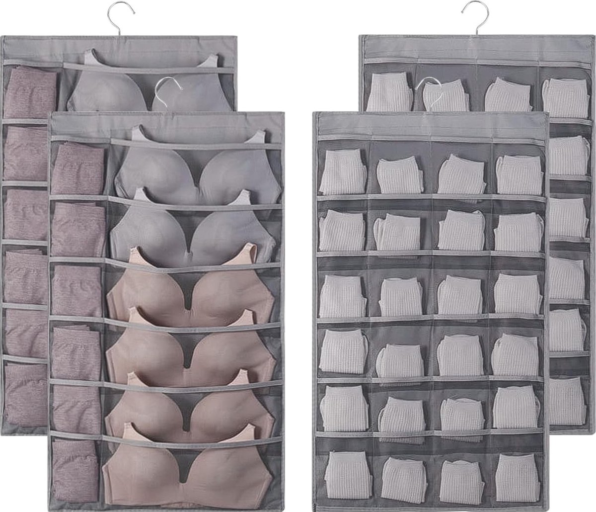 Ruimtebesparende Dubbelzijdige Houder Opslag 2 Pack Hangende Houder Mesh Garderobe Organizer met 48 Mesh Zakken Opknoping Kast Organizer Tassen Dubbelzijdige Hangende Kast, Grijs
