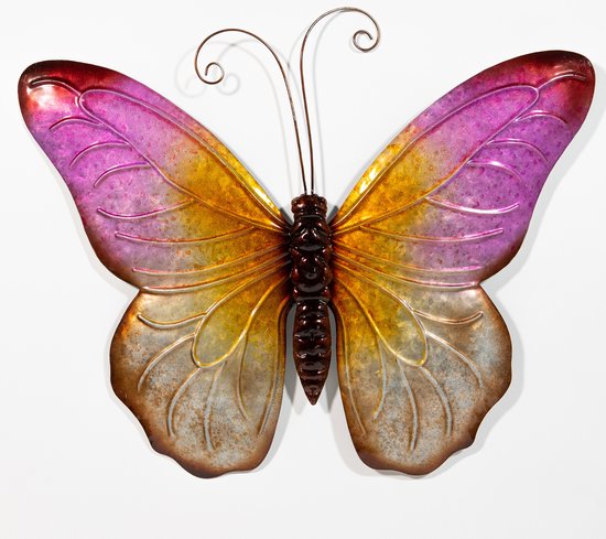 Anna Collection Wanddecoratie vlinders - 2x - groen/roze - 32 x 24 cm - metaal - muurdecoratie - tuin beelden van dieren