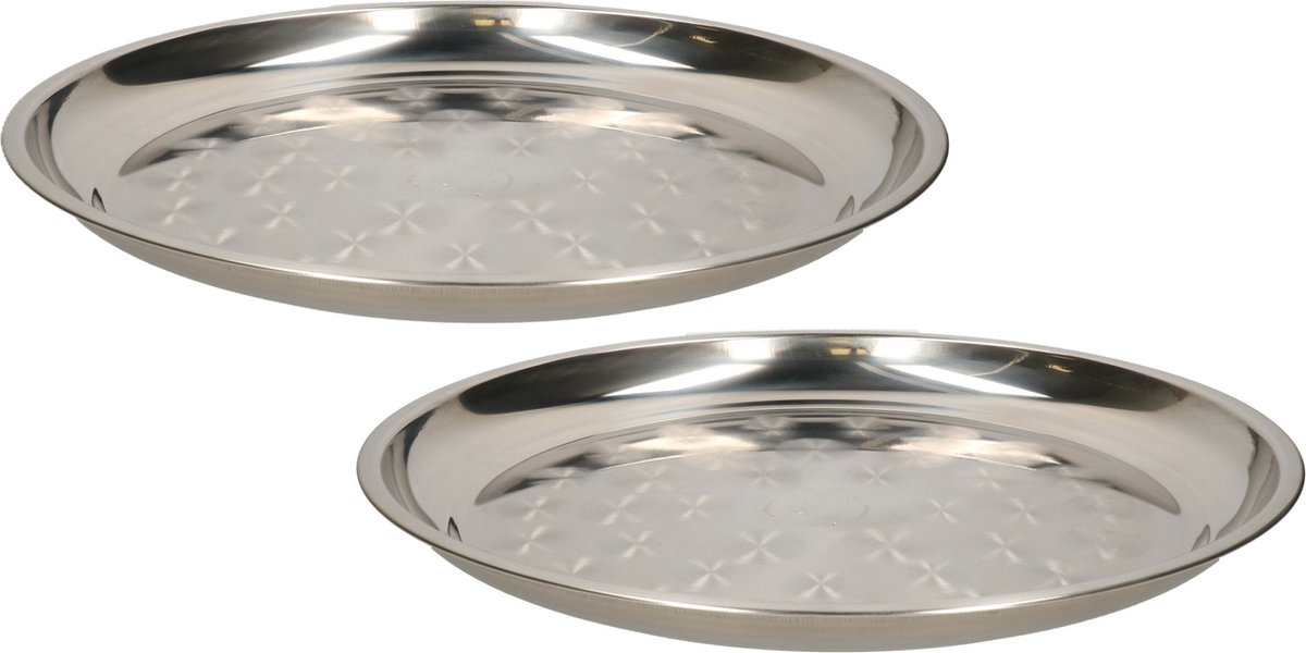 B- 2x -Home serveerschaal/dienblad - plat - rond - zilver - rvs - dia 30 cm - voedsel serveren tray