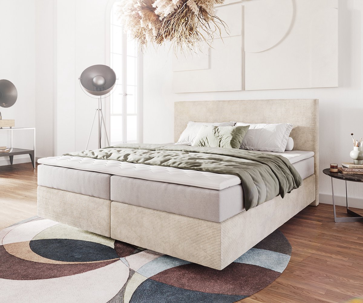 DELIFE Boxspringbed Dream-Well Cord Beige 180x200 cm met Pocketveringmatras en Topper