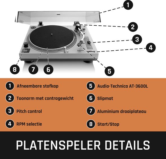 Gedetailleerde afbeelding van de Lenco platenspeler met genummerde onderdelen en specificaties.