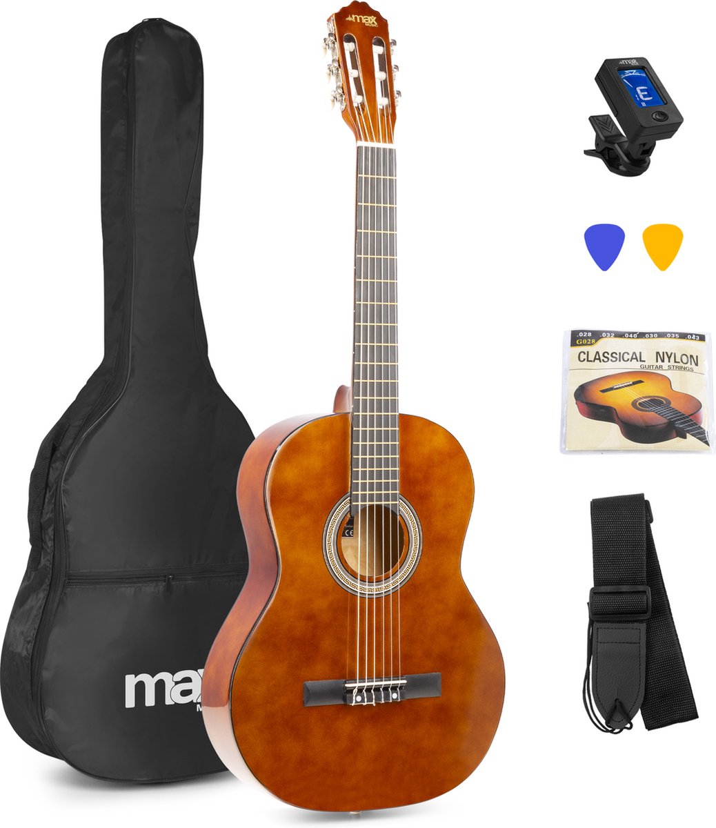 Bol.com Klassieke Akoestische Gitaar 4/4 - Met Nylon Snaren - MAX SoloArt - Beginnersset met Accessoires - Bruin aanbieding