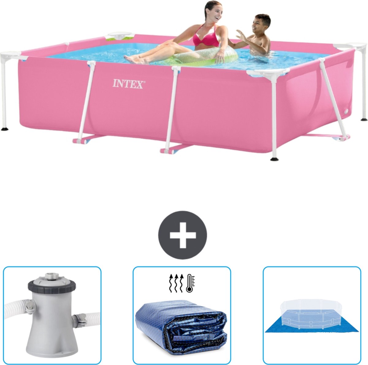 Intex Rechthoekig Frame Zwembad - 220 x 150 x 60 cm - Roze - Inclusief Zwembadfilterpomp - Solarzeil - Grondzeil