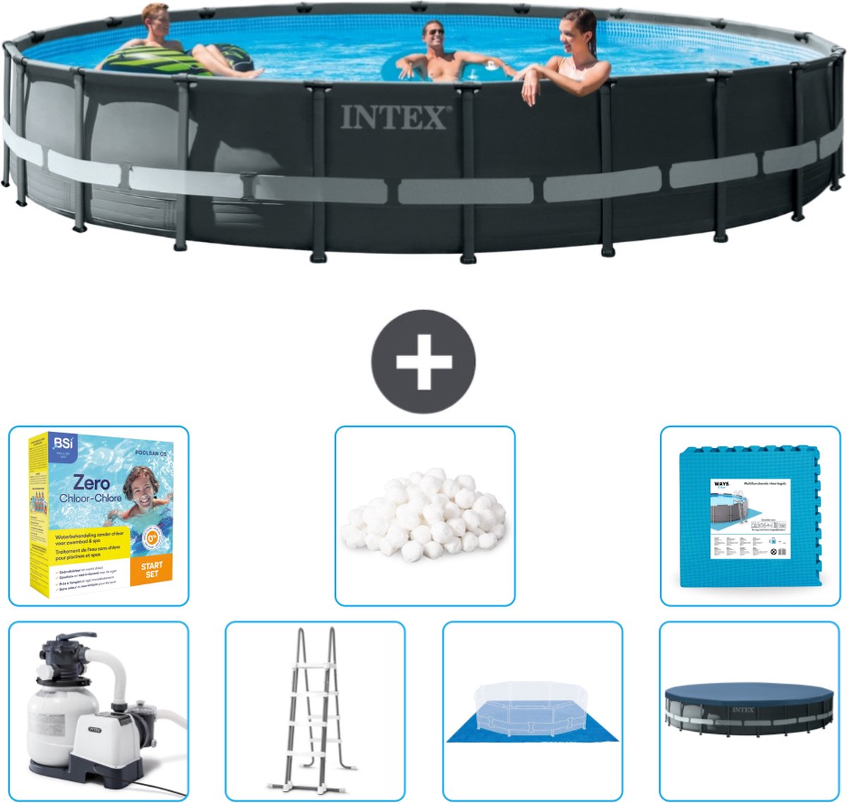 Intex Rond Ultra XTR Frame Zwembad - 610 x 122 cm - Inclusief Pomp - Ladder - Grondzeil - Afdekzeil Onderhoudspakket - Filterbollen - Vloertegels