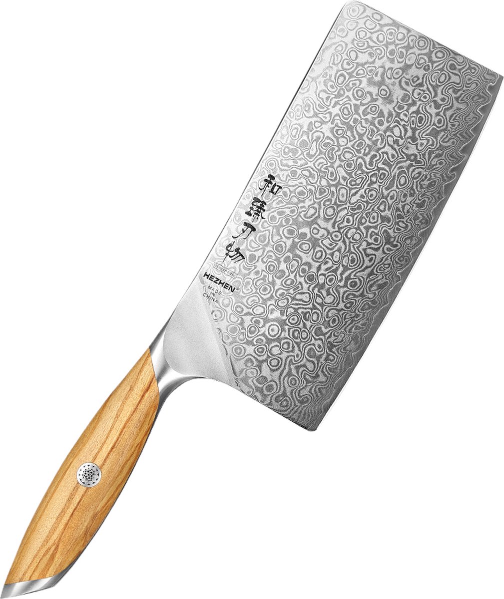 Hezhen X01 Flagship Series - Cleaver Koksmes - Damascus Poederstaal (73 laags met kern van 14Cr14MoVNb) – Olijfhout – Professioneel vlijmscherp damastmes - Inclusief mooie geschenkdoos
