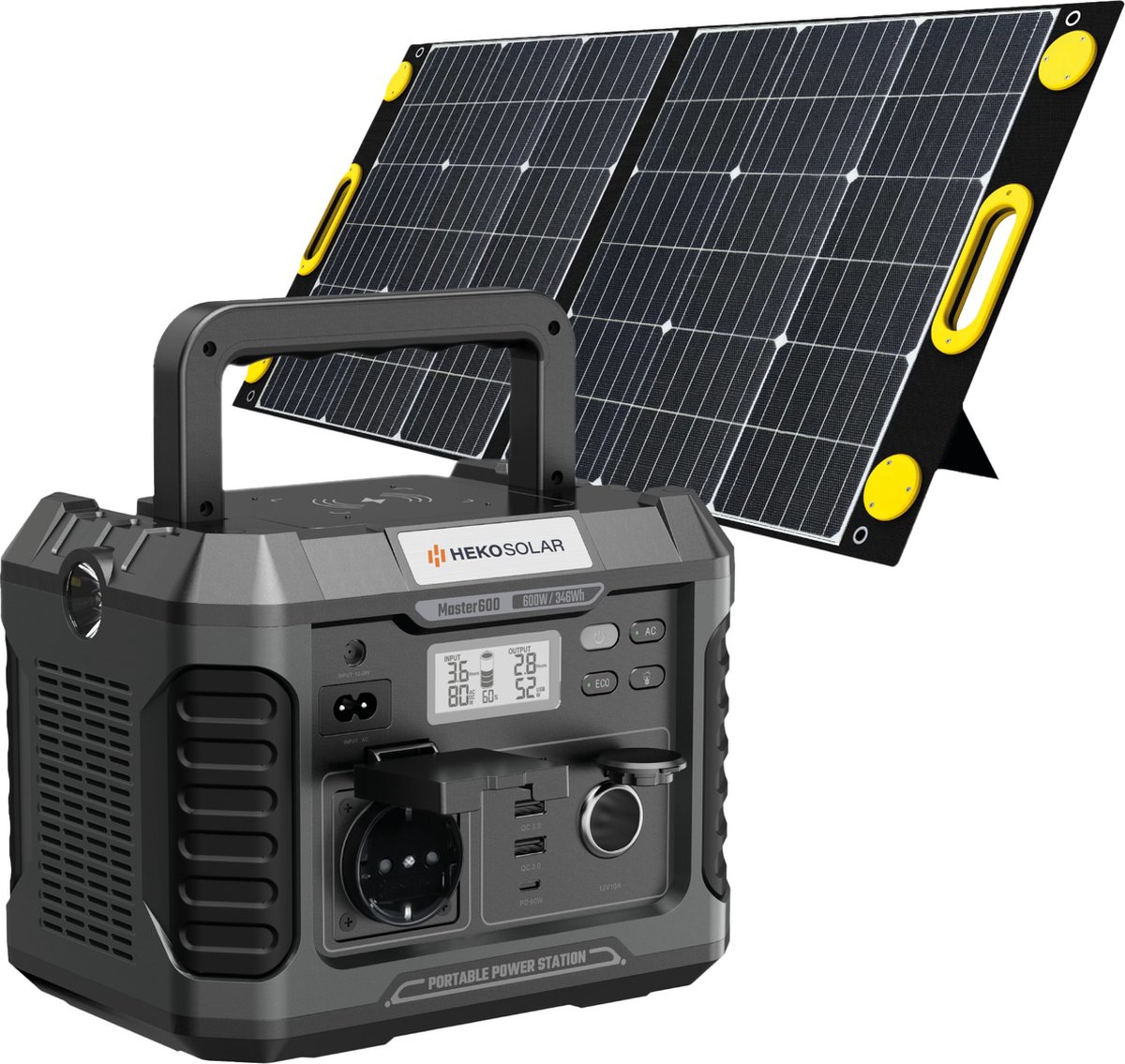 Heko Solar® Master 600 + Unfold 100 - Powerstation met Zonnepaneel - 600W (1200W Piek) - 346Wh Capaciteit - 100W Zonnepaneel - Draagbaar - Generator - Voor Noodpakket, Stroomuitval, Kamperen en Outdoor