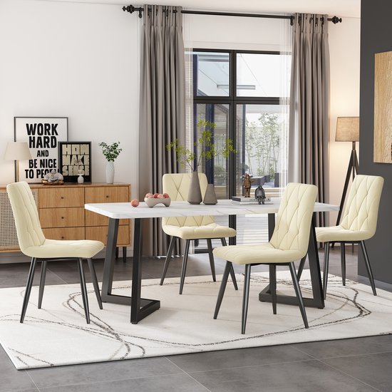 Sweiko Eetkamerstoel (4 pcs), beige, 4-set gestoffeerde stoel ontwerp stoel, twill fluweel eetkamerstoel, keuken stoel met rugleuning, stoel in fluweel metalen frame, metalen poten
