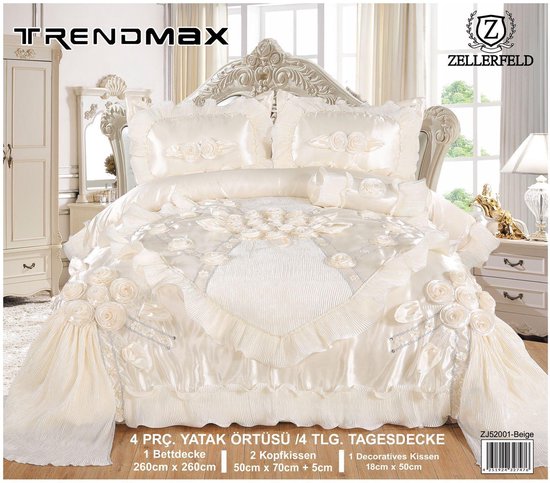Parure couvre-lit Ultra luxueux - Couvre-lit - 100% coton - Parure couverture - Lot de 4 couvre-lits - Couverture/couvre-lit 260x260 - 2 taies d'oreiller 50x70 +5cm - 1 kussen décoratif - Crème