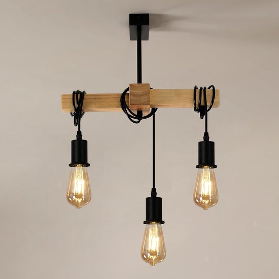 Goeco hanglamp - 40cm - Medium - E27 - 3 koppen - retro industriële kroonluchter - houten en metalen - voor woonkamer, keuken, slaapkamer - lamp niet inbegrepen
