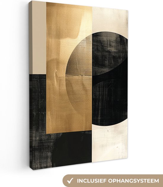 Abstract canvas schilderij met gouden, zwarte en crèmekleurige geometrische vormen, met een halve cirkel, en de tekst 'Inclusief ophangsysteem'.