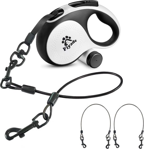 Dubbel intrekbare hondenriem, versterkt uitschuifbaar met antislip handvat hondenriem met LED-licht en vuilnisbak voor wandelen 2 honden, 360° wirwar vrije sterke nylon band, rem, pauzeslot, 3m, Rood