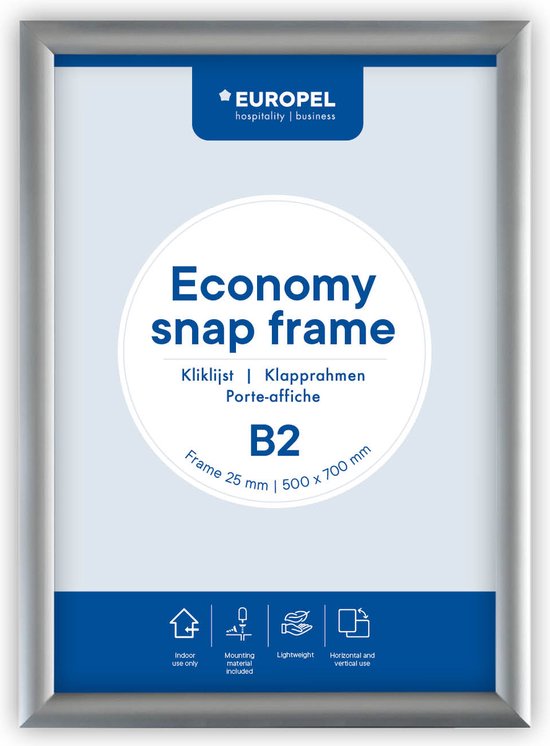Europel Economy Kliklijst – Posterlijst – B2 – 50 × 70,7 cm – 25mm – Aluminium – Zilver