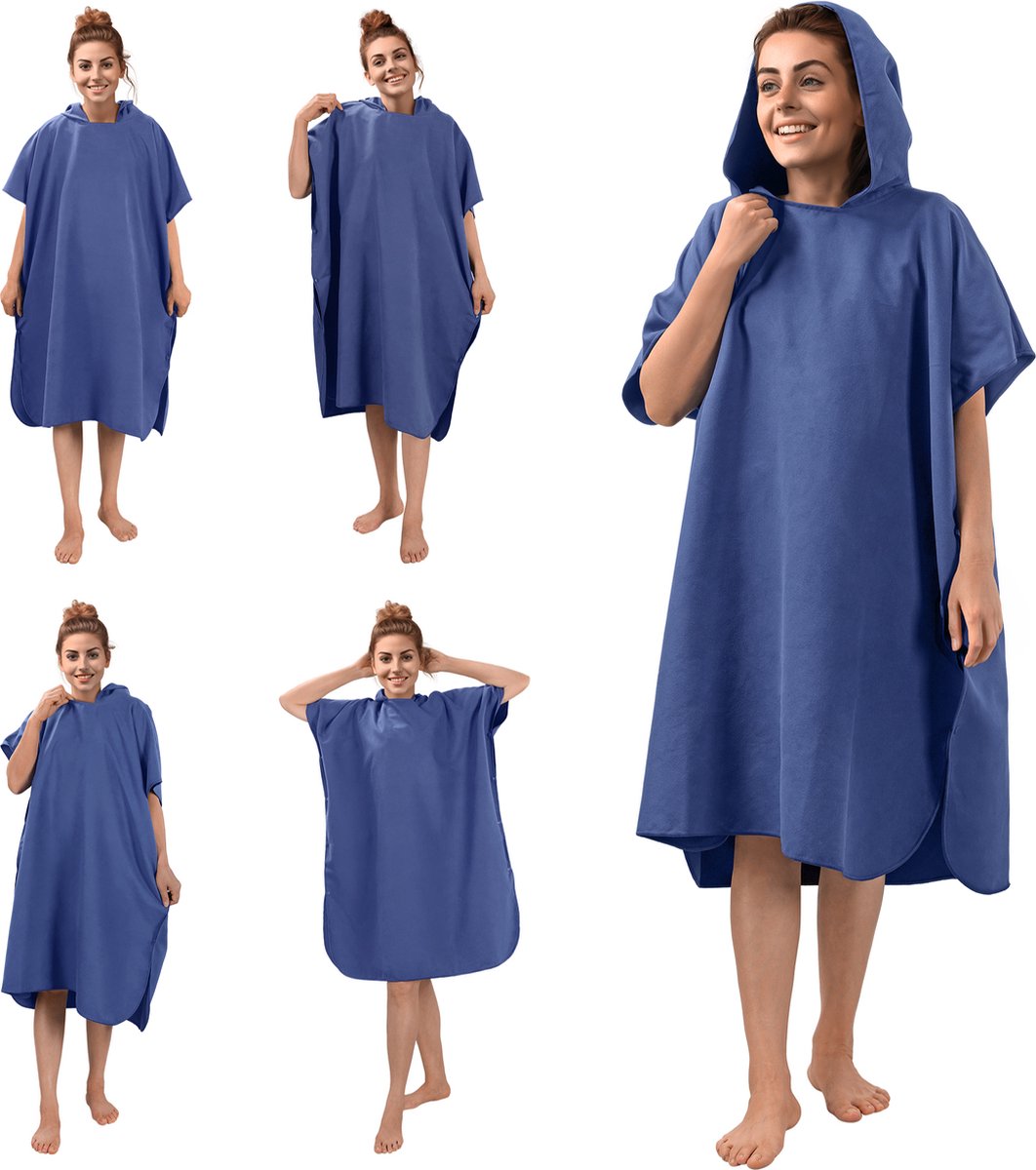 JEMIDI microvezel badponcho voor dames - Met capuchon - Sneldrogend en licht - Maat L/XL in blauw