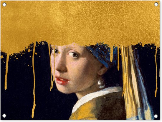 Tuinschilderij Meisje met de parel - Goud - Vermeer - 80x60 cm
