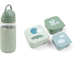 Done by Deer Friends SET drinkbeker met rietje + 3 snackdoosjes - Happy Clouds Green/Elphee Green