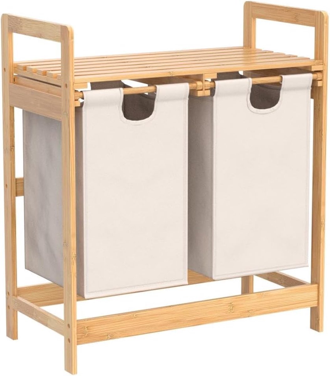 Goedkoopste Wasmand van bamboeframe met planken en 2 uittrekbare waszakken - ideaal voor slaapkamer en waskeuken 73 x 64 x 33 cm ivoorkleurig