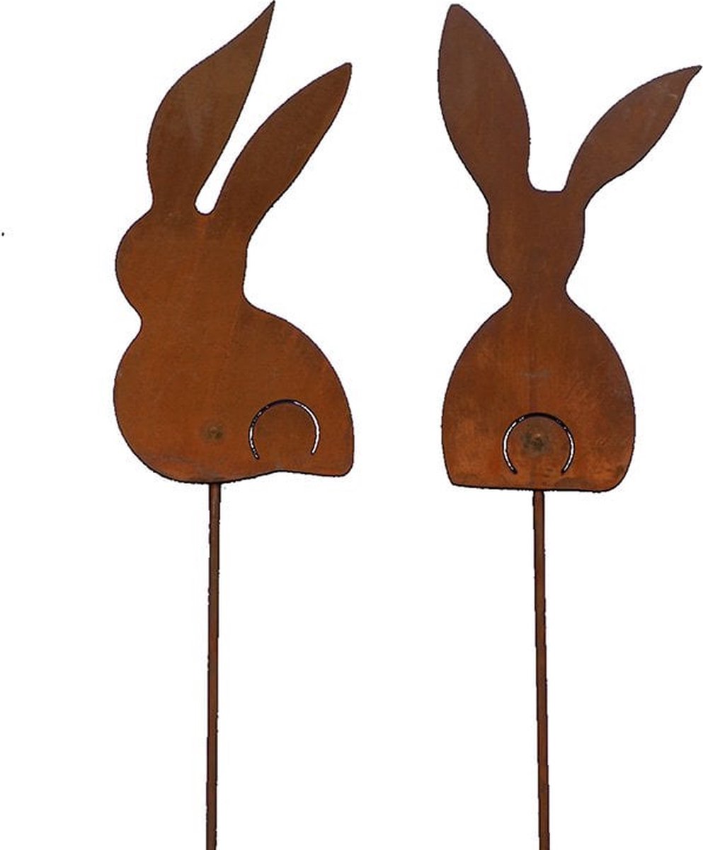 Patina tuindecoratie konijn met stok | Paasdecoratie voor tuin en huis