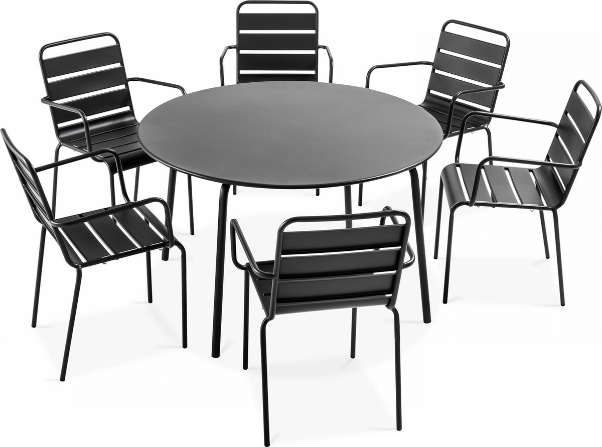 Oviala - Set van een ronde tuin tafel en 6 grijze stalen fauteuils - Palavas